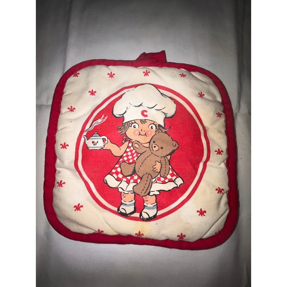 Vintage Little Girl Chef Teddy Bear Pot Holder Red White Quilted Kitchen Decor